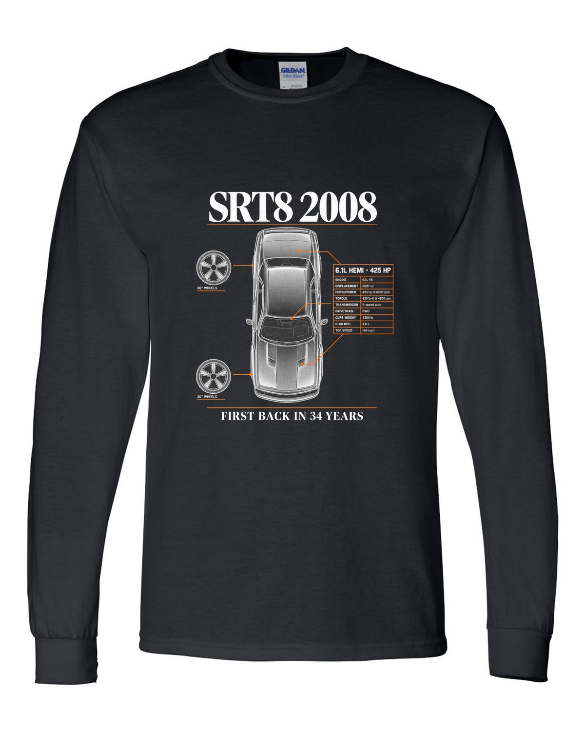 Spec poster print of a 2008 Dodge Challenger SRT8 with 6.1L Hemi and 425 HP text black long sleeve front view with the design
