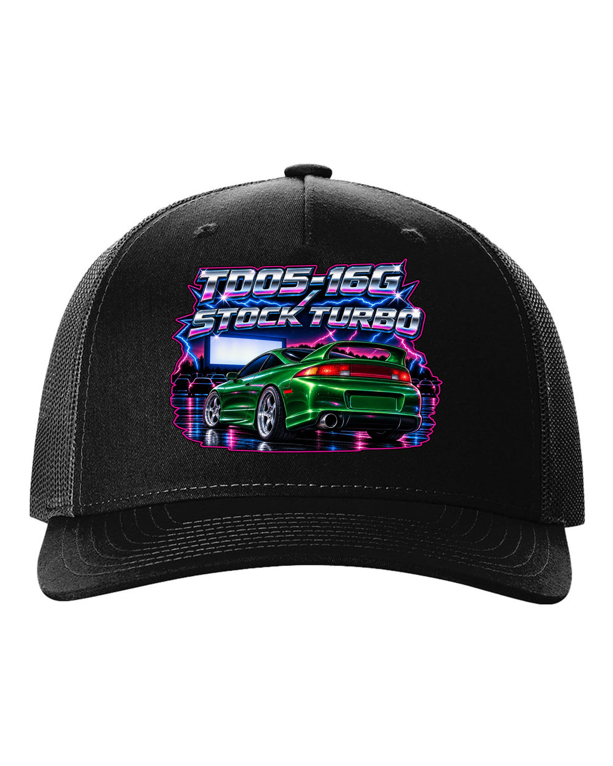 80s airbrush chrome print of a Mitsubishi Eclipse GSX 2G with TD05-16G stock turbo text black hat front view with the design