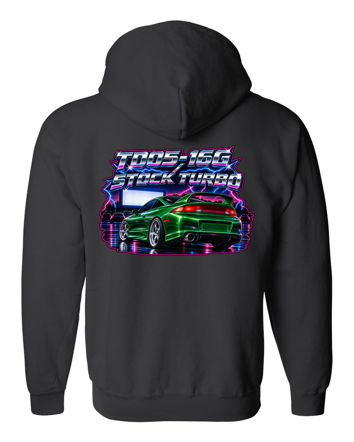 80s airbrush chrome print of a Mitsubishi Eclipse GSX 2G with TD05-16G stock turbo text black zip hoodie back view with the design
