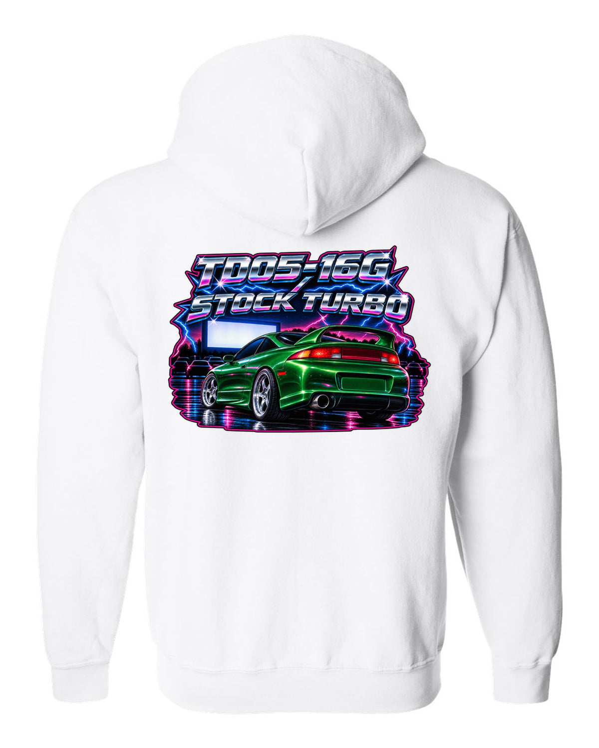 80s airbrush chrome print of a Mitsubishi Eclipse GSX 2G with TD05-16G stock turbo text white zip hoodie back view with the design