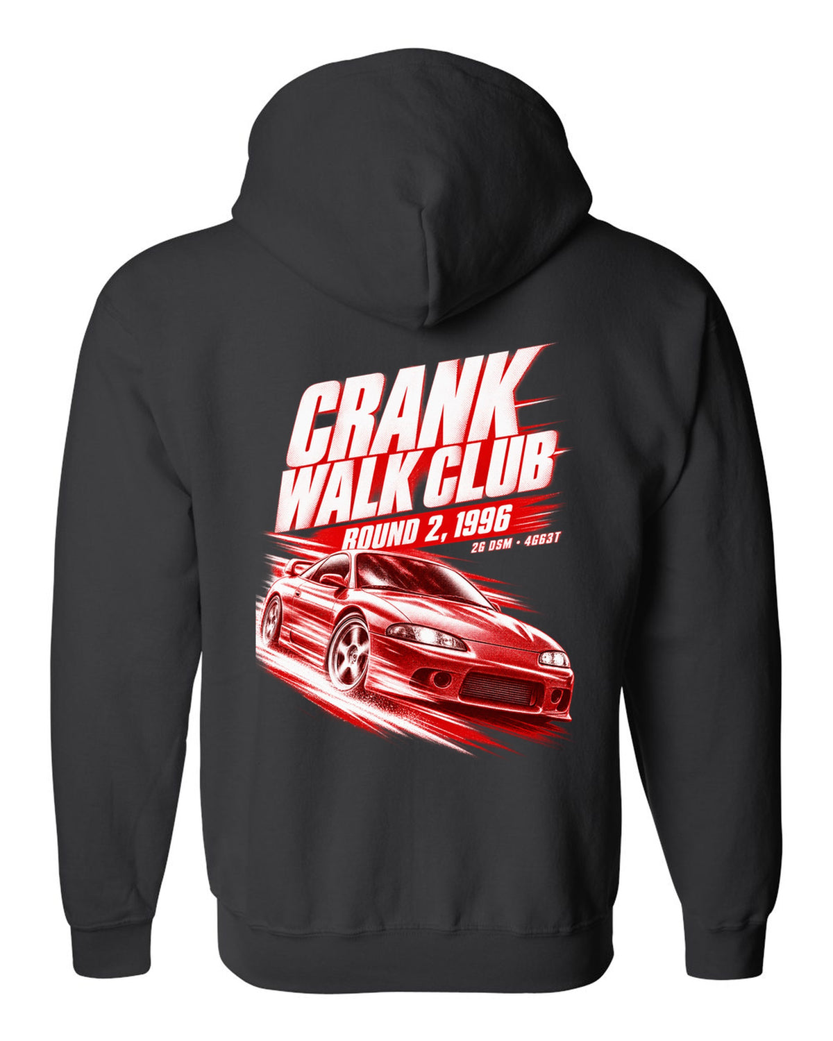 Mitsubishi Eclipse GSX 2G DSM race poster print with 4G63T and Crank Walk Club text black zip hoodie back view with the design