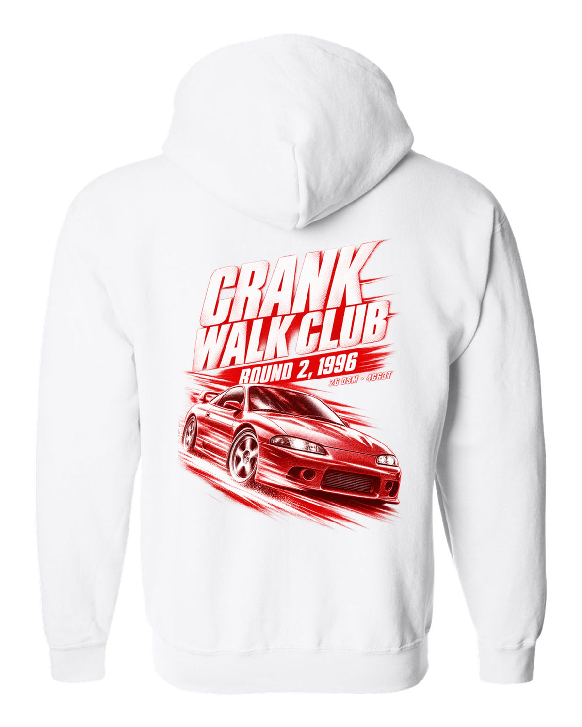 Mitsubishi Eclipse GSX 2G DSM race poster print with 4G63T and Crank Walk Club text white zip hoodie back view with the design