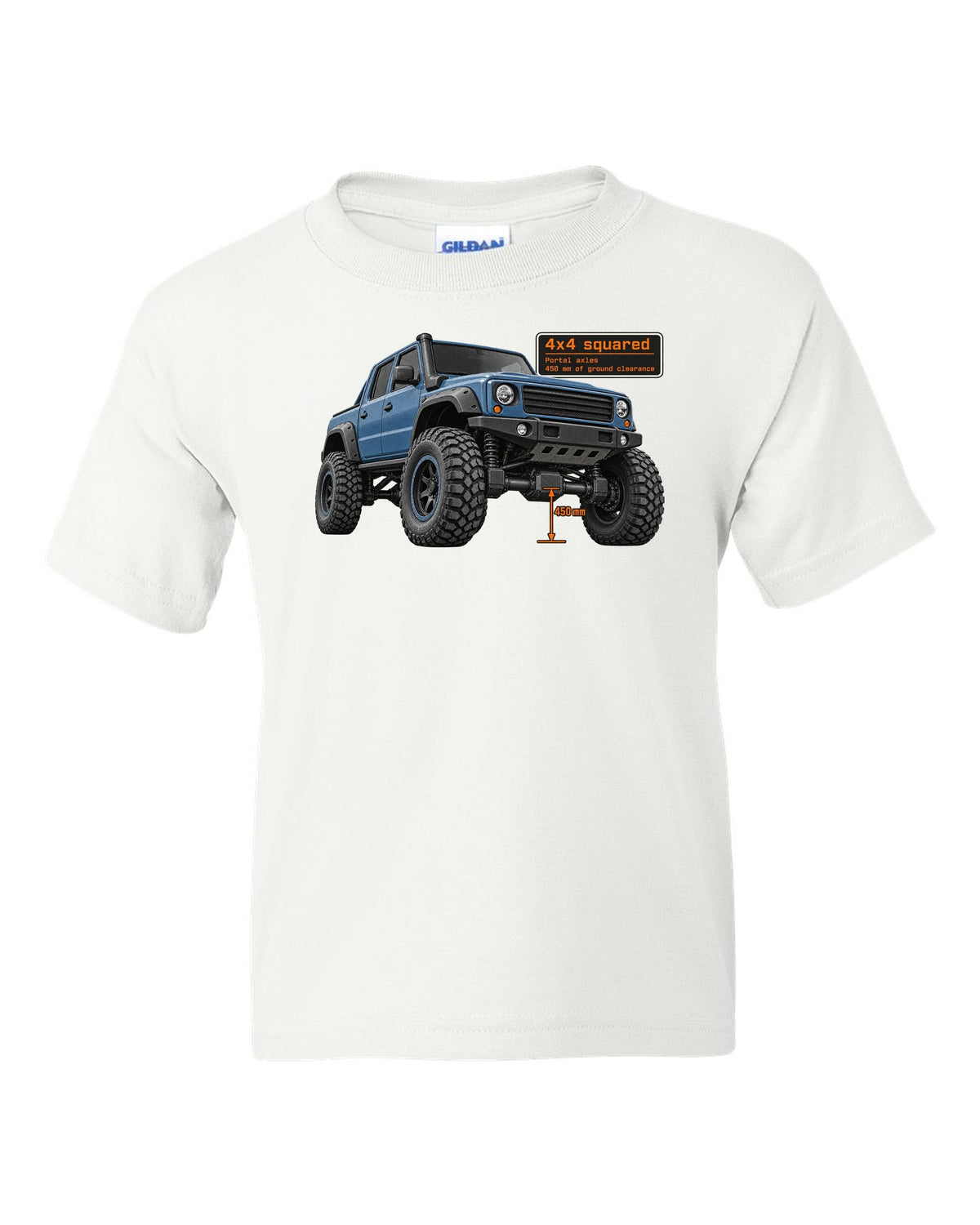 Halftone print of a Mercedes-AMG G63 4x4 squared W463 white kids tee front view with the design