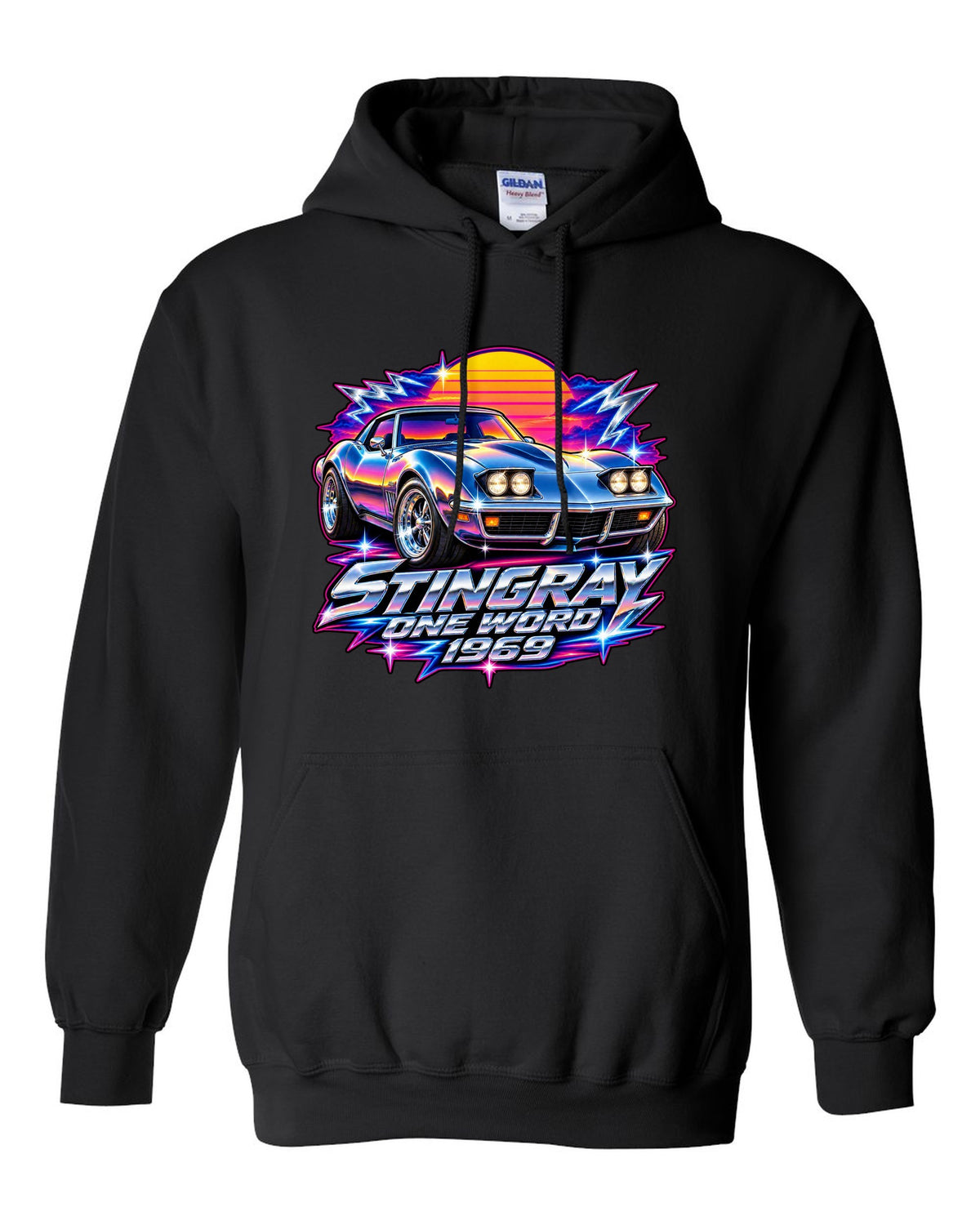 80s chrome airbrush print of a 1969 Chevrolet Corvette C3 Stingray with Stingray One Word 1969 text black pull over hoodie front view with the design