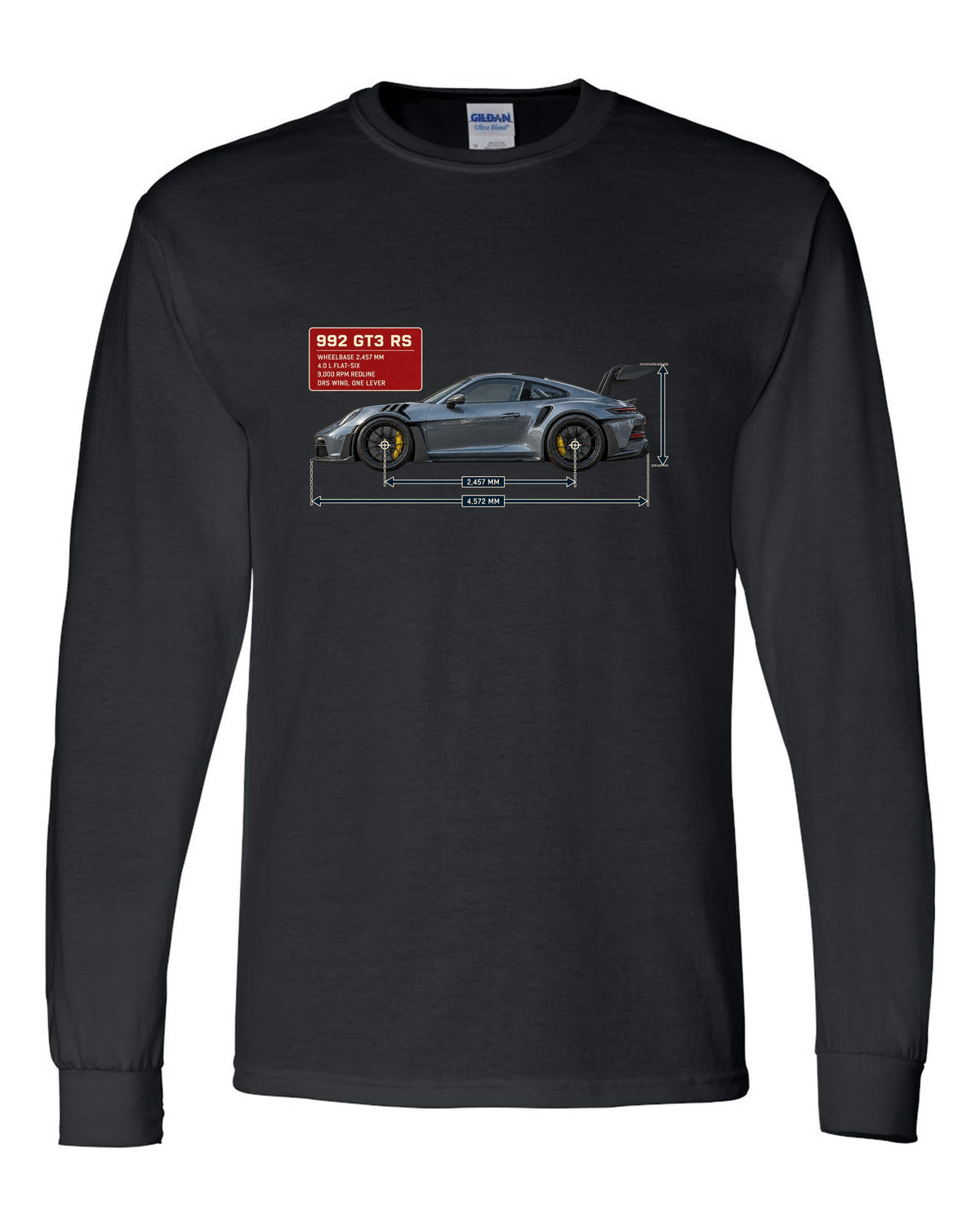 Porsche 992 GT3 RS dimension blueprint print design black long sleeve front view with the design