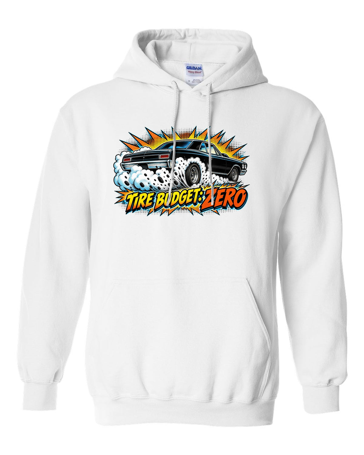 Comic halftone burst illustration of a 1966 Chevrolet Chevelle Malibu SS doing a burnout white pull over hoodie front view with the design