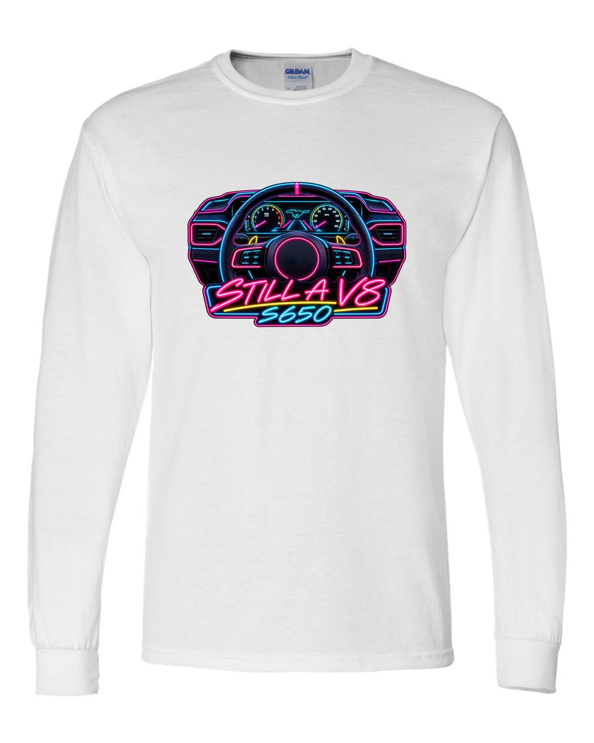 Neon sign style 2024 S650 Ford Mustang coupe with Still a V8 text white long sleeve front view with the design