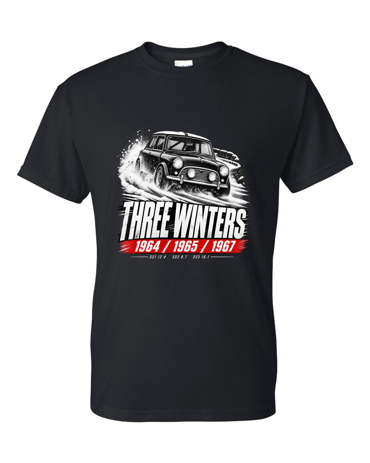 Race poster print of a 1964 Classic Mini Cooper S Mk I rally car with three winters text black t-shirt front view with the design