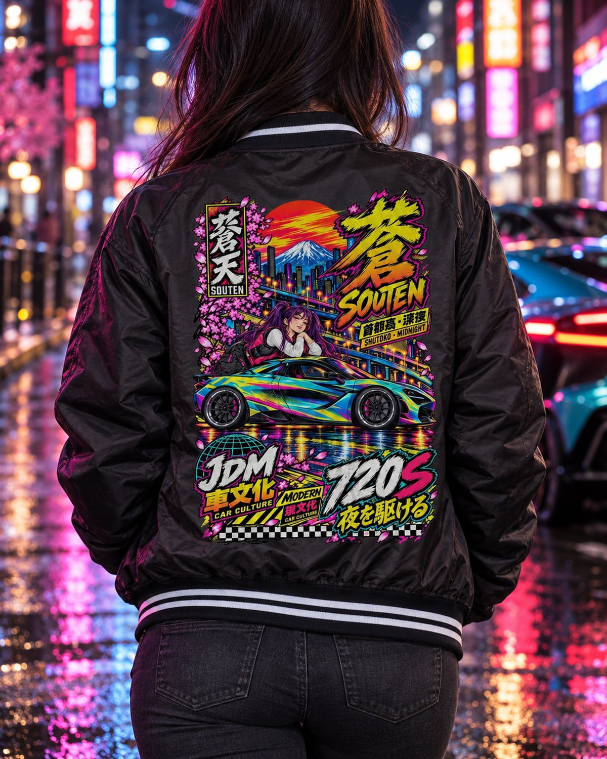 SOUTEN 720S Anime Girl Full-Back Graphic Tee Bomber Jacket Black worn hero