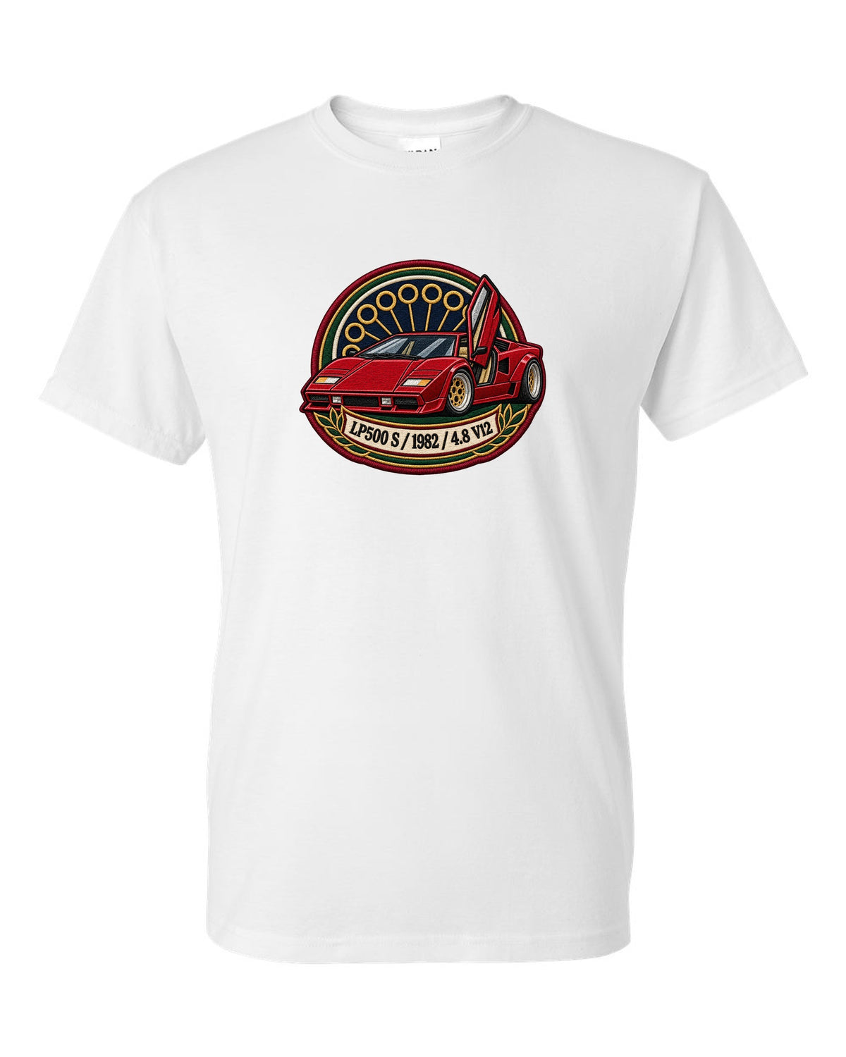 Varsity embroidery crest for a 1982 Lamborghini Countach LP500 S with 4.8 V12 lettering white t-shirt front view with the design