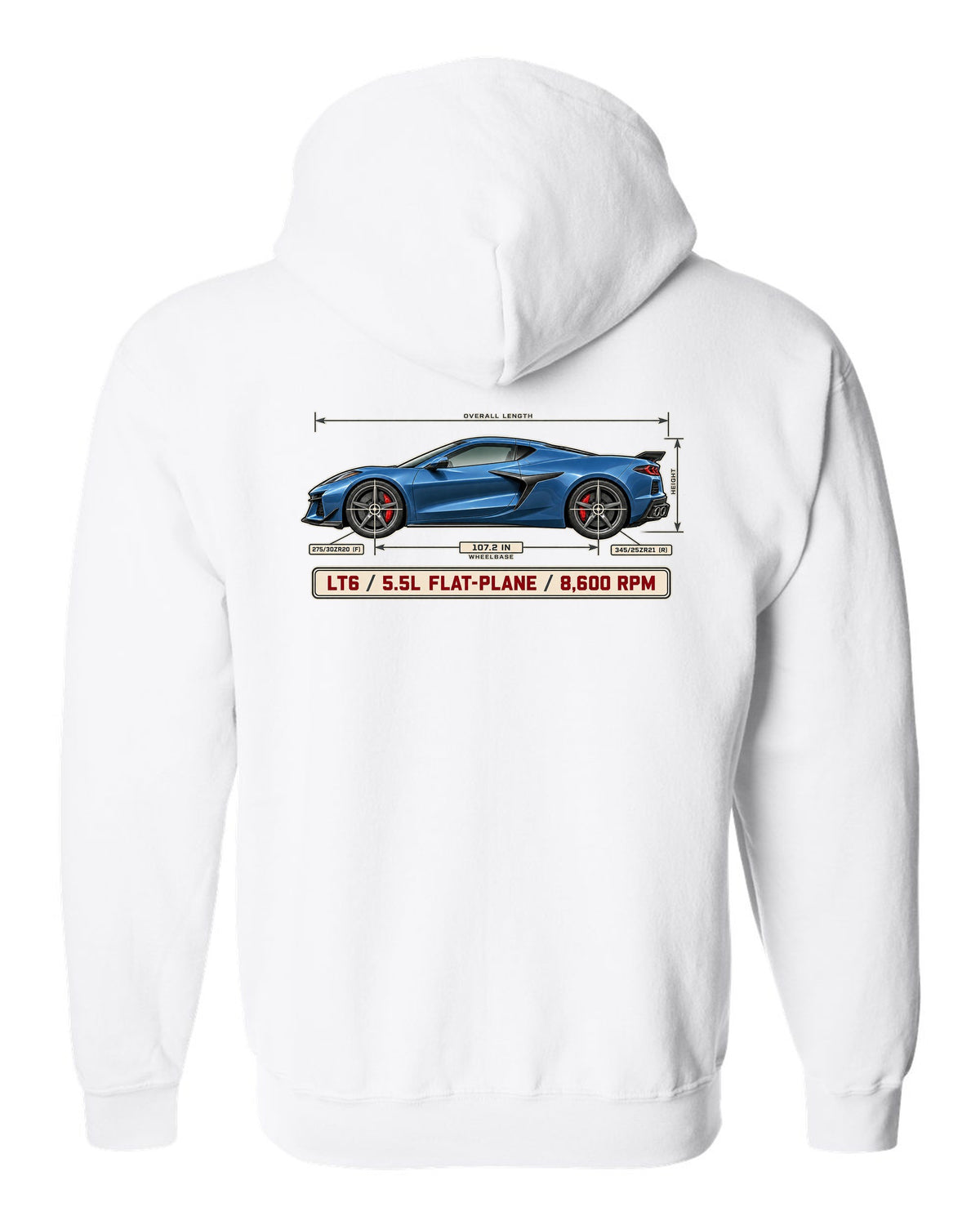 Dimension blueprint print of a Chevrolet Corvette C8 Z06 with LT6 5.5L flat-plane text white zip hoodie back view with the design