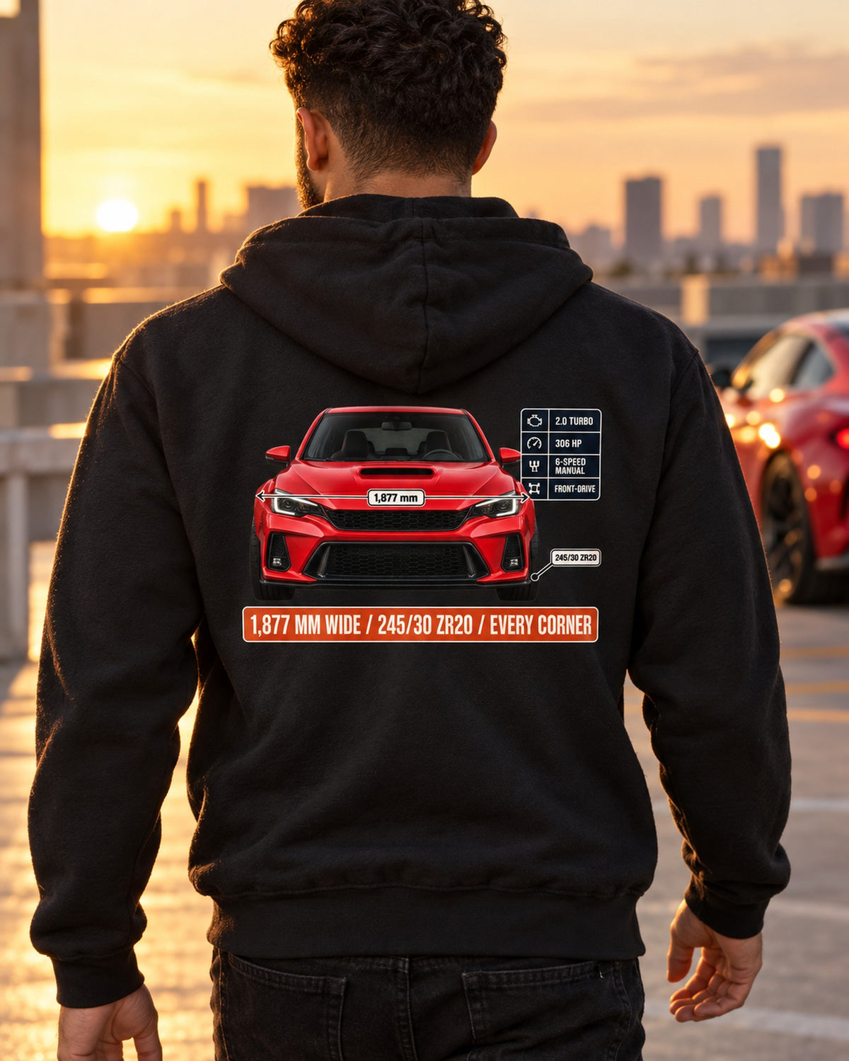 Civic Type R FK8 Front Elevation Spec Poster Tee, Rallye Red Zip Hoodie Black worn hero