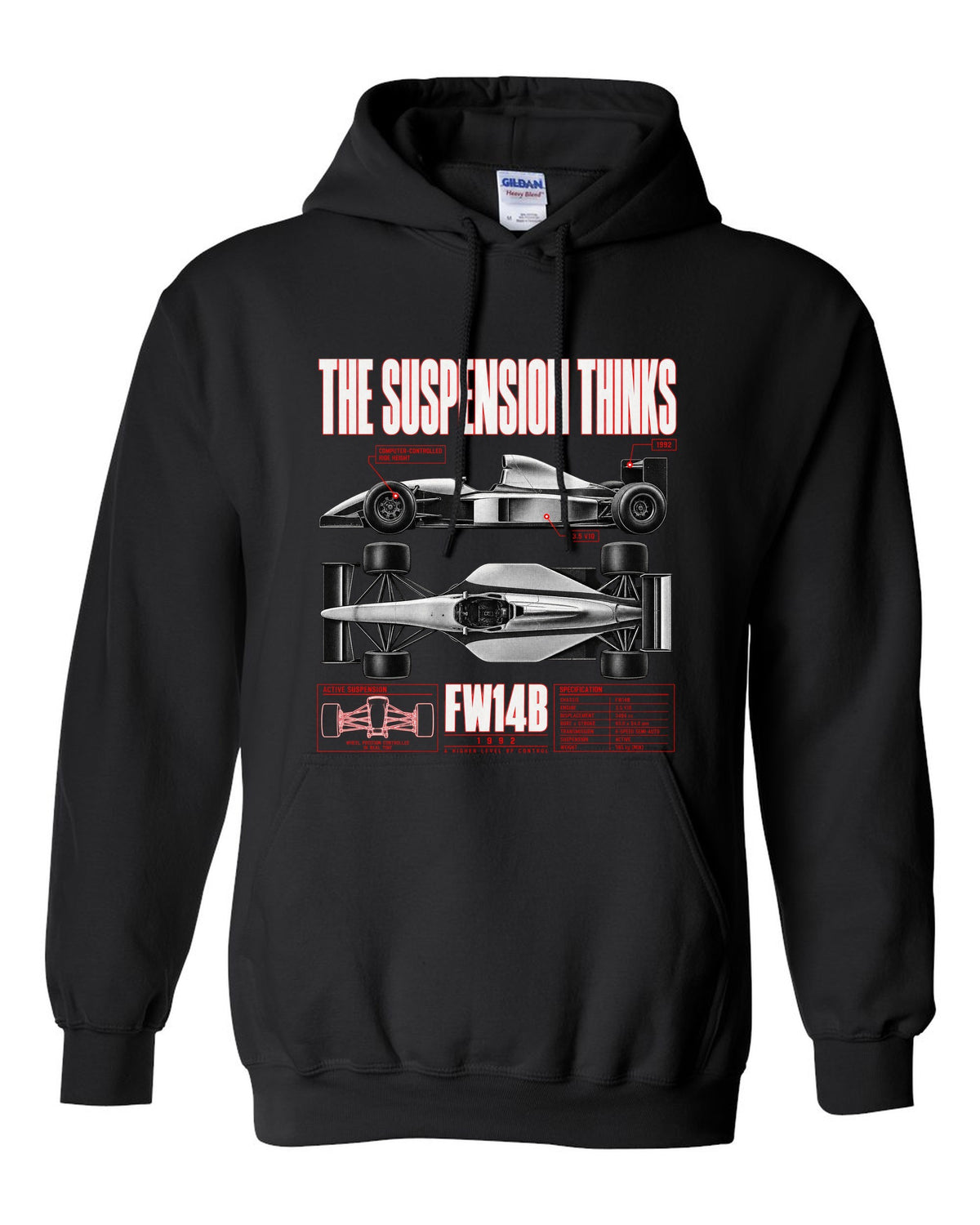 Williams FW14B spec poster print with active ride and V10 text black pull over hoodie front view with the design