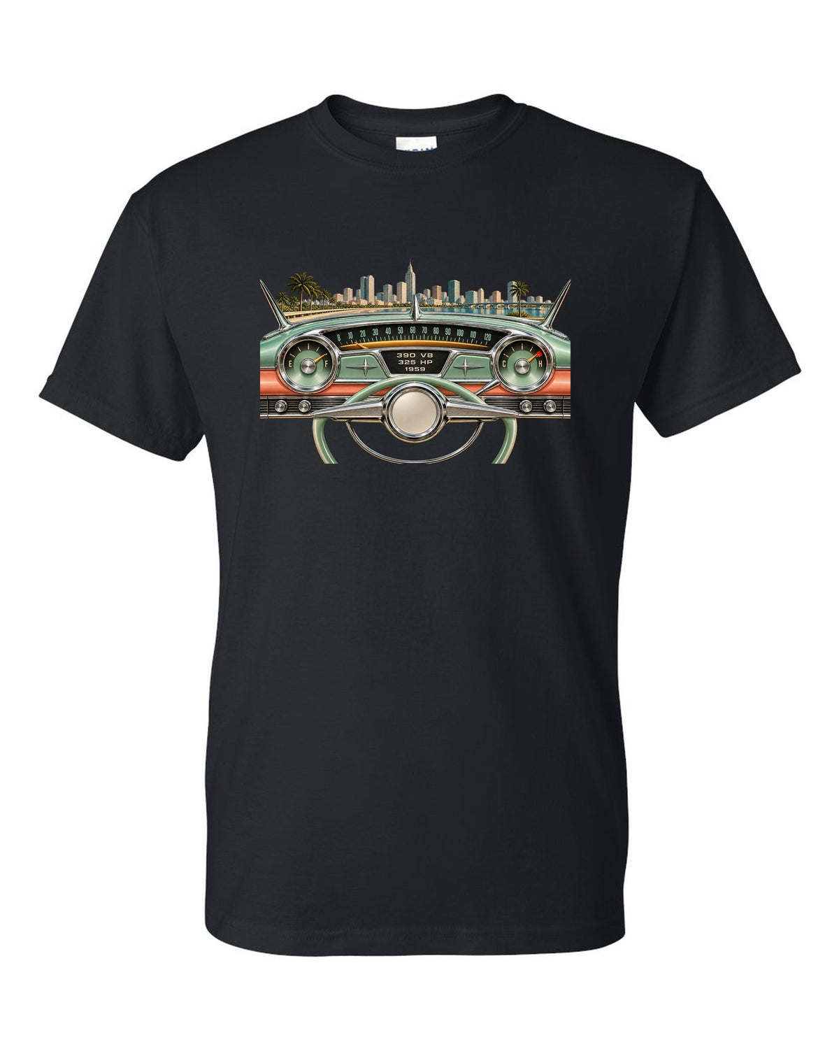 1959 Cadillac Series 62 dashboard instrument cluster HUD graphic with 390 V8 text black t-shirt front view with the design