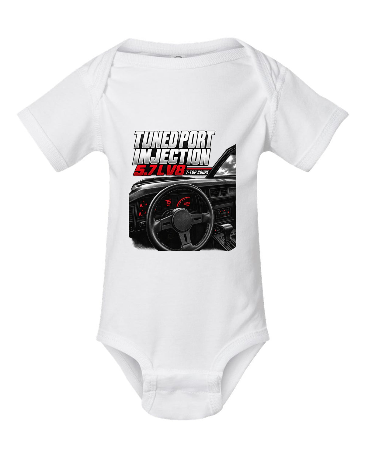 Cockpit and gauge cluster print of a 1988 Chevrolet Camaro IROC-Z with 5.7 L V8 text white baby onesie front view with the design