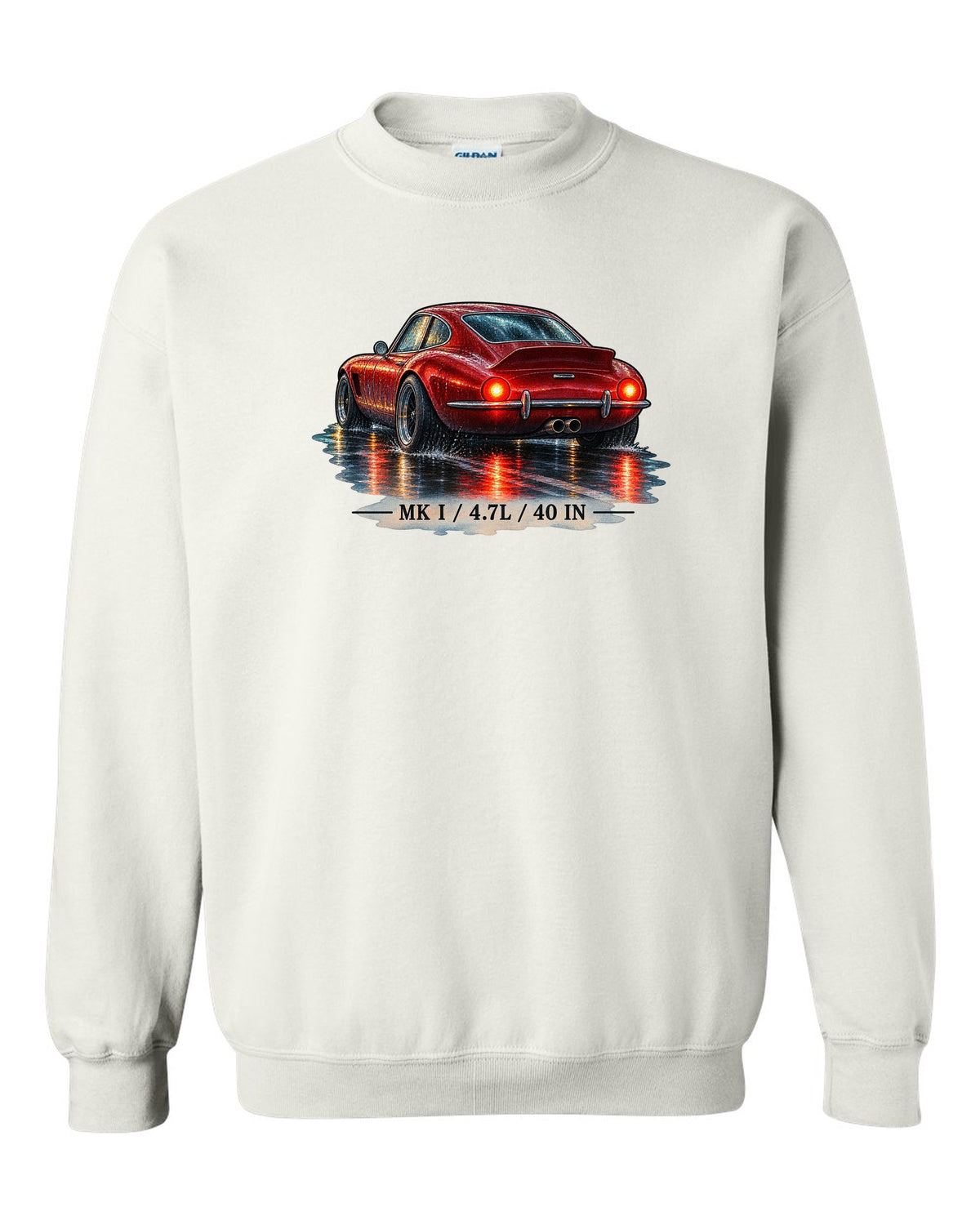 Watercolour of a Ford GT40 Mk I on a wet night road with 4.7L lettering white crewneck front view with the design