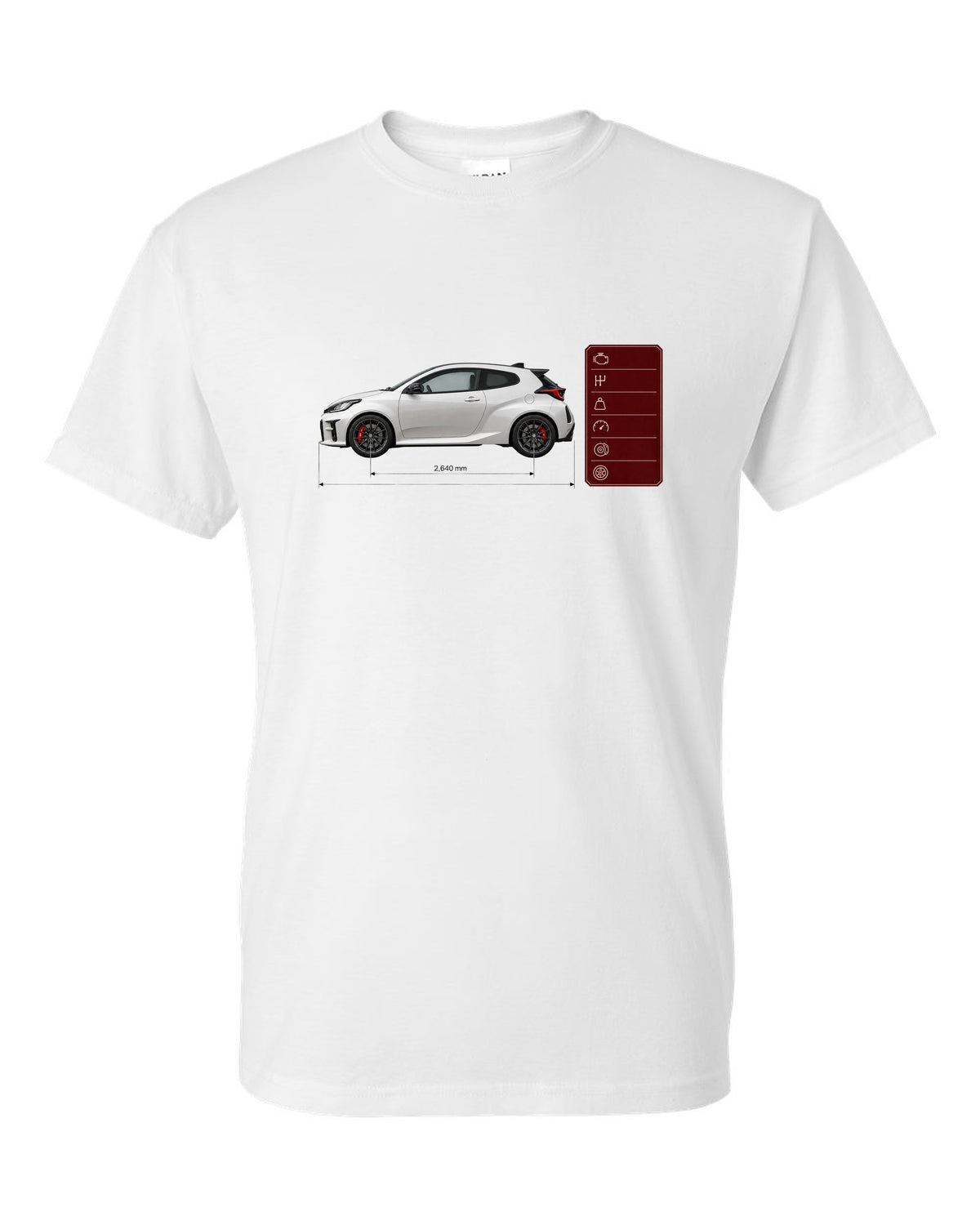 Pearl white-grey Toyota GR Yaris Circuit Package spec poster with homologation text white t-shirt front view with the design
