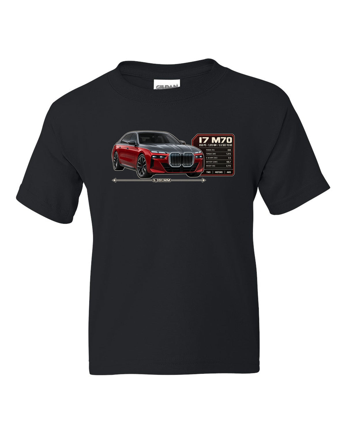 Spec poster print of the BMW i7 M70 xDrive with 650 PS and 1,015 Nm black kids tee front view with the design
