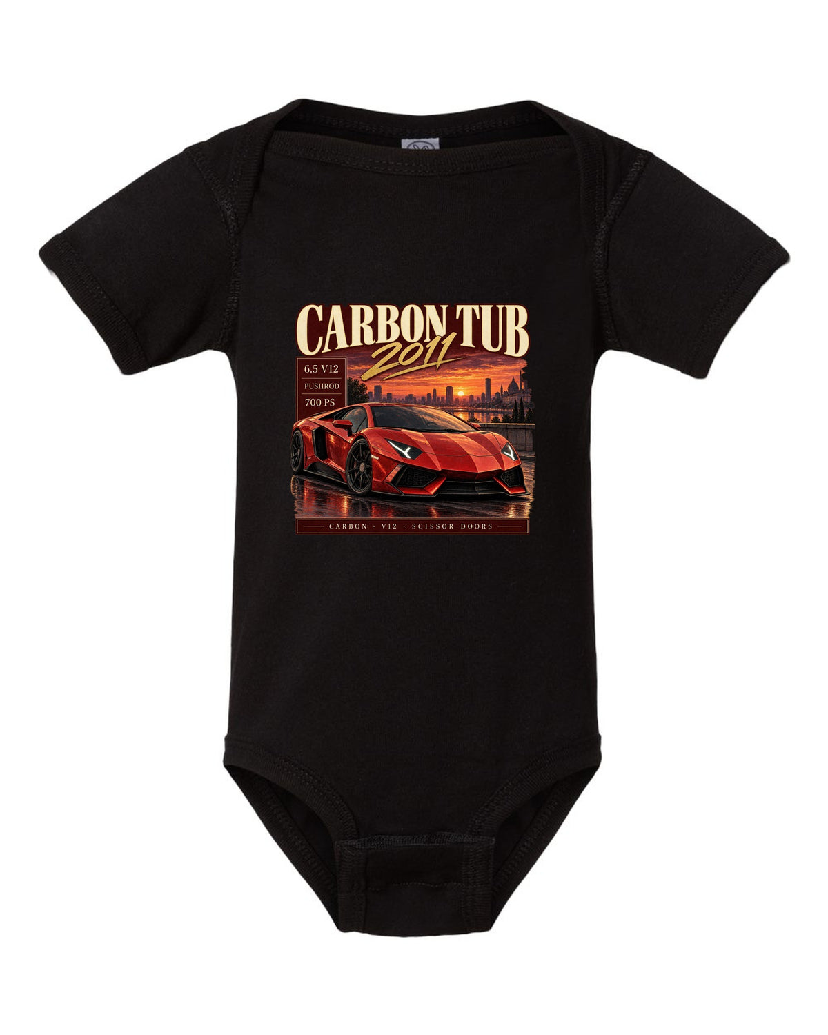 Archive panel print of a Lamborghini Aventador LP700-4 with Carbon Tub and 6.5 V12 text black baby onesie front view with the design