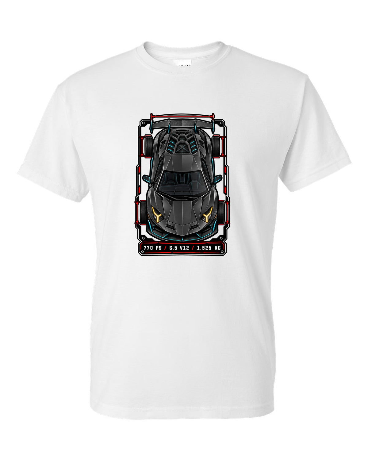Spec-sheet data plate with a top-down Lamborghini Aventador SVJ LP770-4 and the text 770 PS / 6.5 V12 / 1,525 KG white t-shirt front view with the design