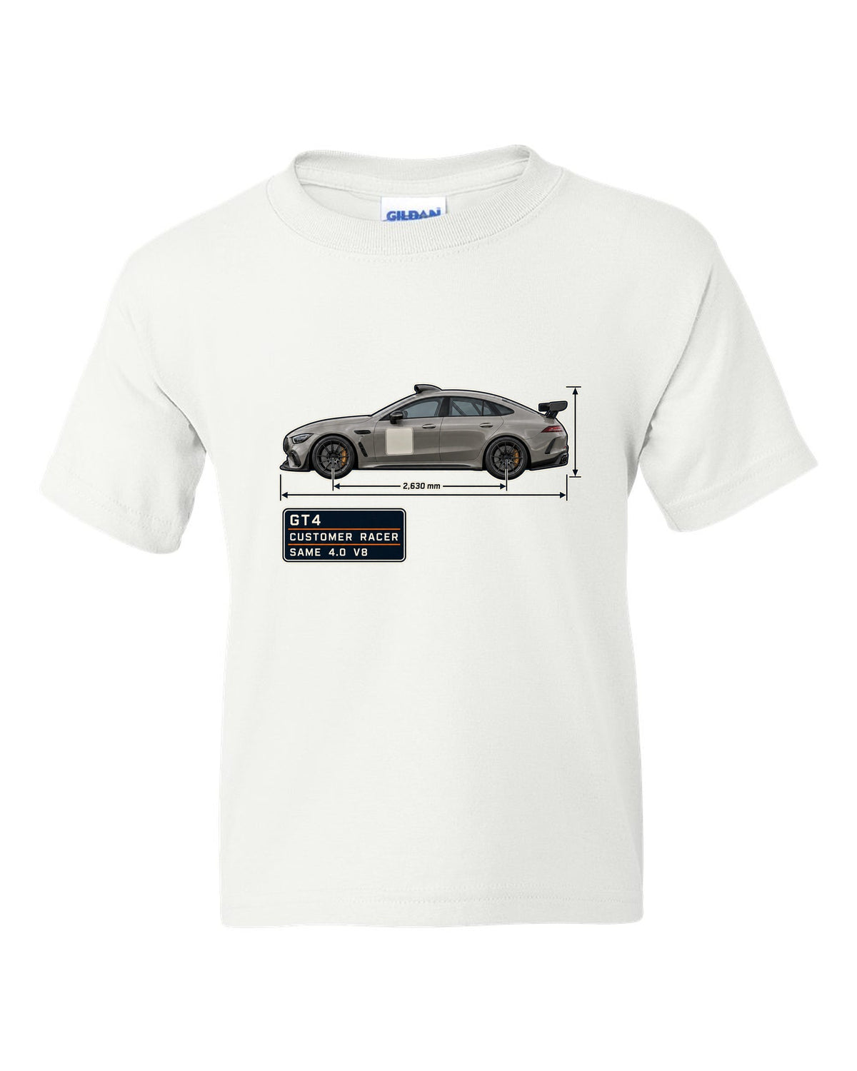 Mercedes-AMG GT4 unliveried spec poster print white kids tee front view with the design