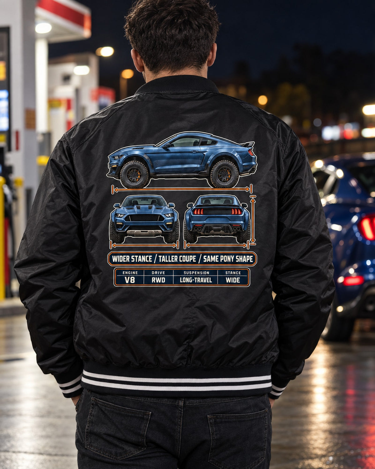 Mustang Raptor Concept Three-View Spec Table Tee, Pony Shape Bomber Jacket Black worn hero