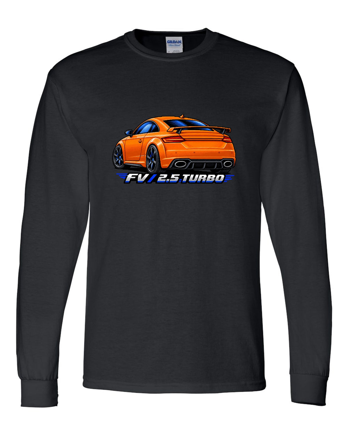 Pixel art print of an Audi TT RS FV with a rear wing and 2.5 turbo text black long sleeve front view with the design
