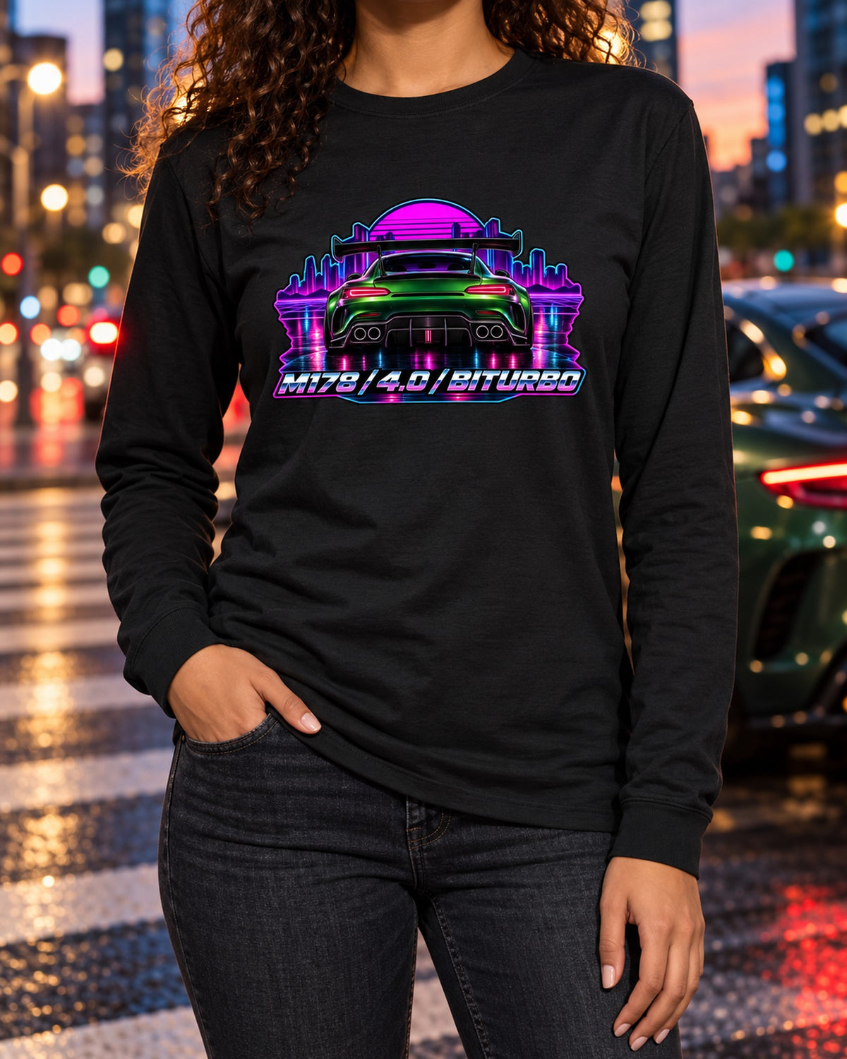Mercedes AMG GT C190 Engine Bay Cyanotype Blueprint Shirt Long Sleeve Black worn hero