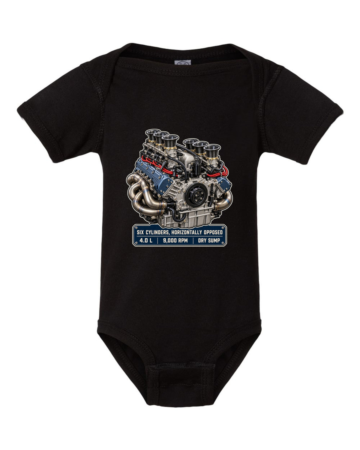 Porsche 992 GT3 RS 4.0 flat-six engine hero print design black baby onesie front view with the design