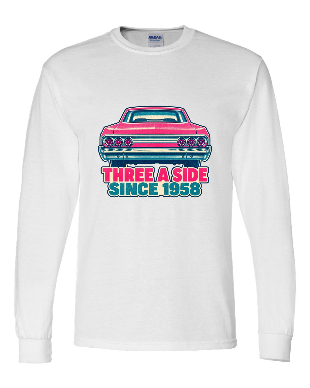 Two-colour risograph print of a 1964 Chevrolet Impala with its triple taillights white long sleeve front view with the design