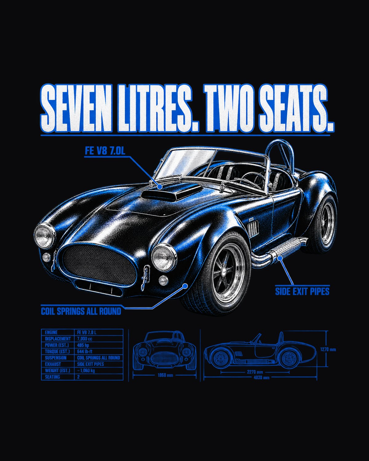 Shelby-Style 427 Roadster Top-Down Spec Poster Shirt, 1965-67 design only