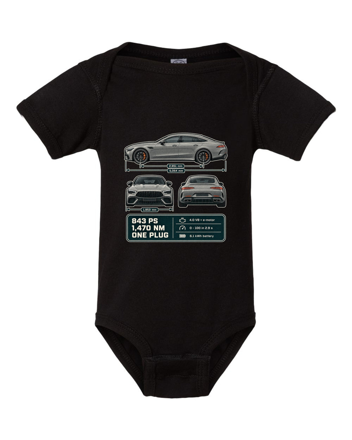 Mercedes-AMG GT 63 S E Performance 4-Door three-view warm grey print black baby onesie front view with the design