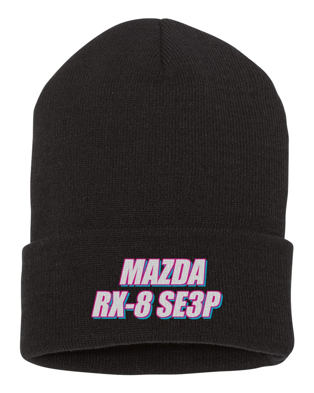 Mazda Rx-8 Se3P black beanie front view with car name