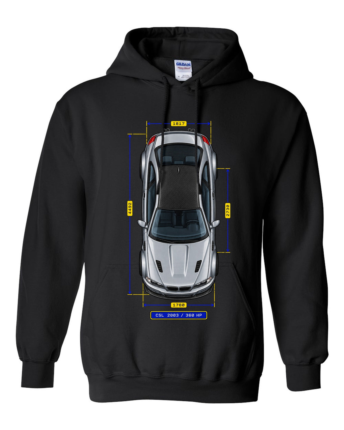 Spec-sheet data plate schematic of a BMW E46 M3 CSL 2003 with carbon roof and 360 HP black pull over hoodie front view with the design