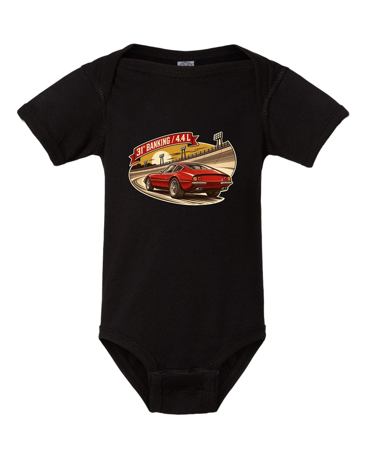 Sepia retro race-programme illustration of three Ferrari 365 GTB/4 Daytonas on banking black baby onesie front view with the design