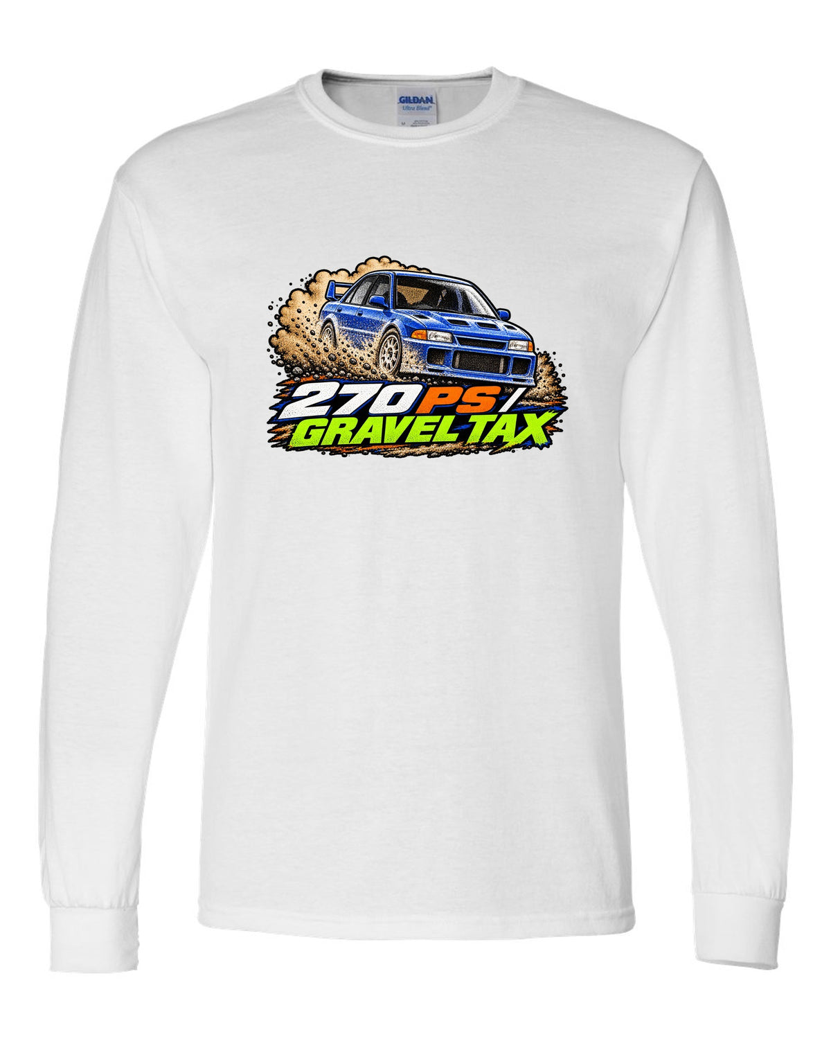 Mitsubishi Lancer Evolution III CE9A in grainy 90s rally magazine halftone, 270 PS / GRAVEL TAX white long sleeve front view with the design