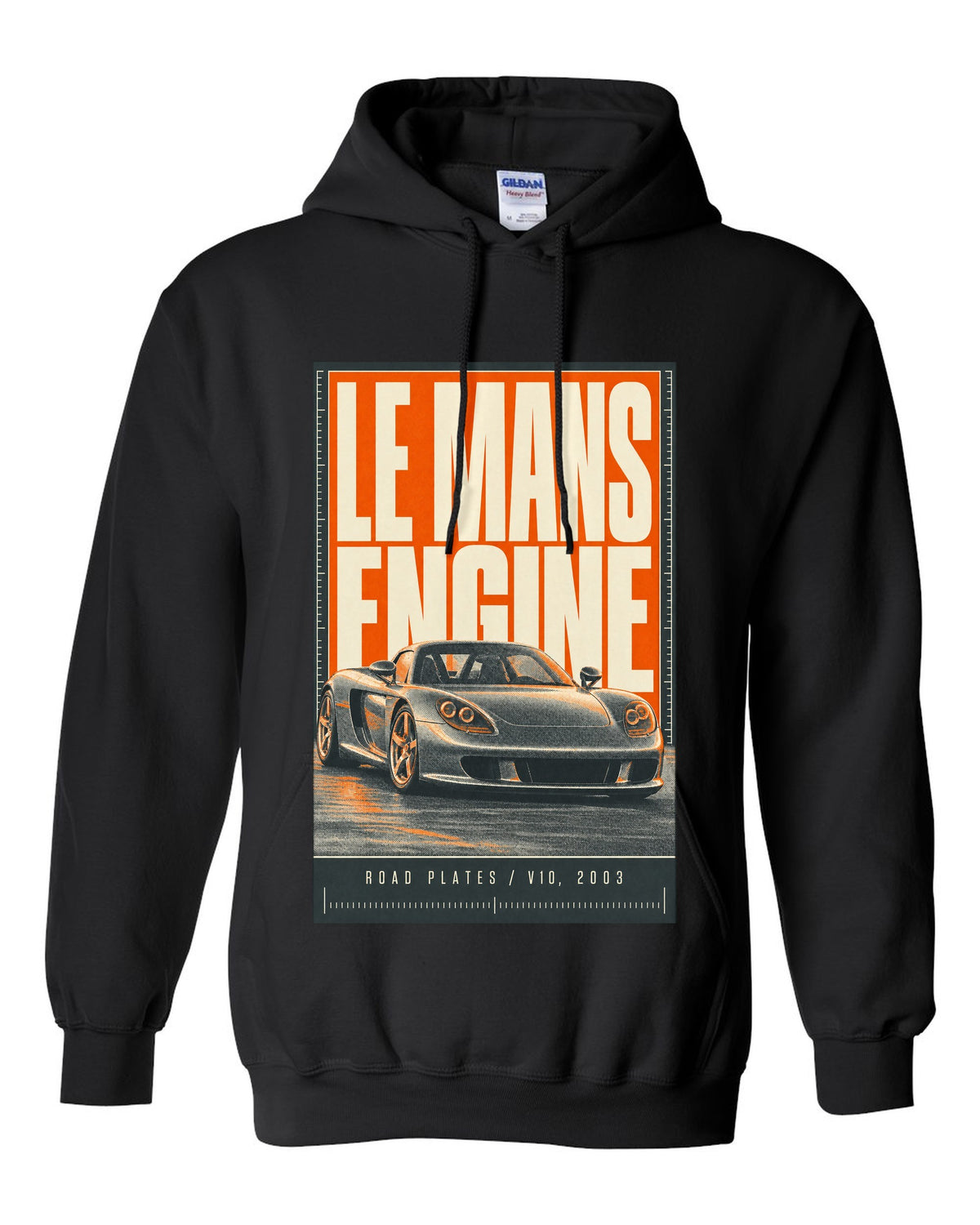 Porsche Carrera GT halftone statement print design black pull over hoodie front view with the design