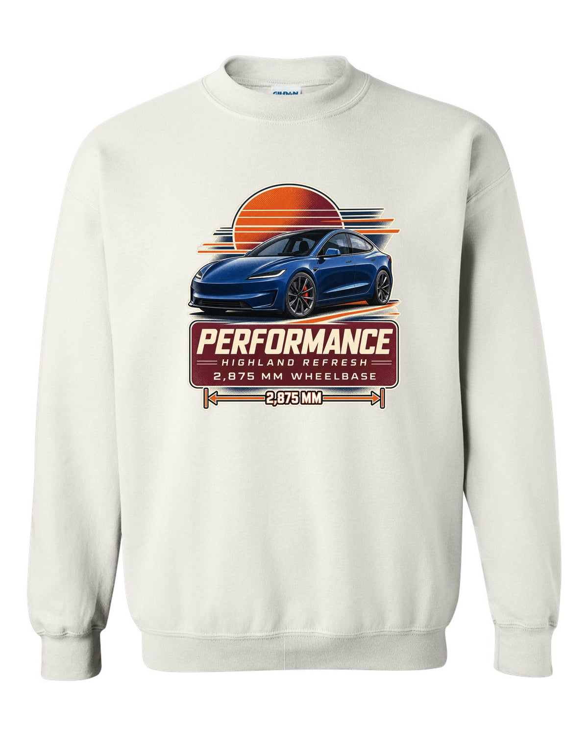 Spec poster print of a Tesla Model 3 Performance Highland refresh white crewneck front view with the design