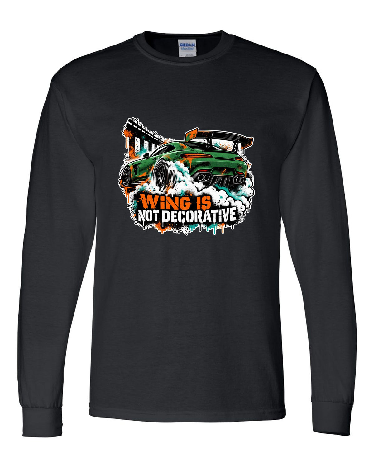 Risograph spot colour illustration of a Mercedes AMG GT R C190 in a garage with Track Day Monday Bill text black long sleeve front view with the design