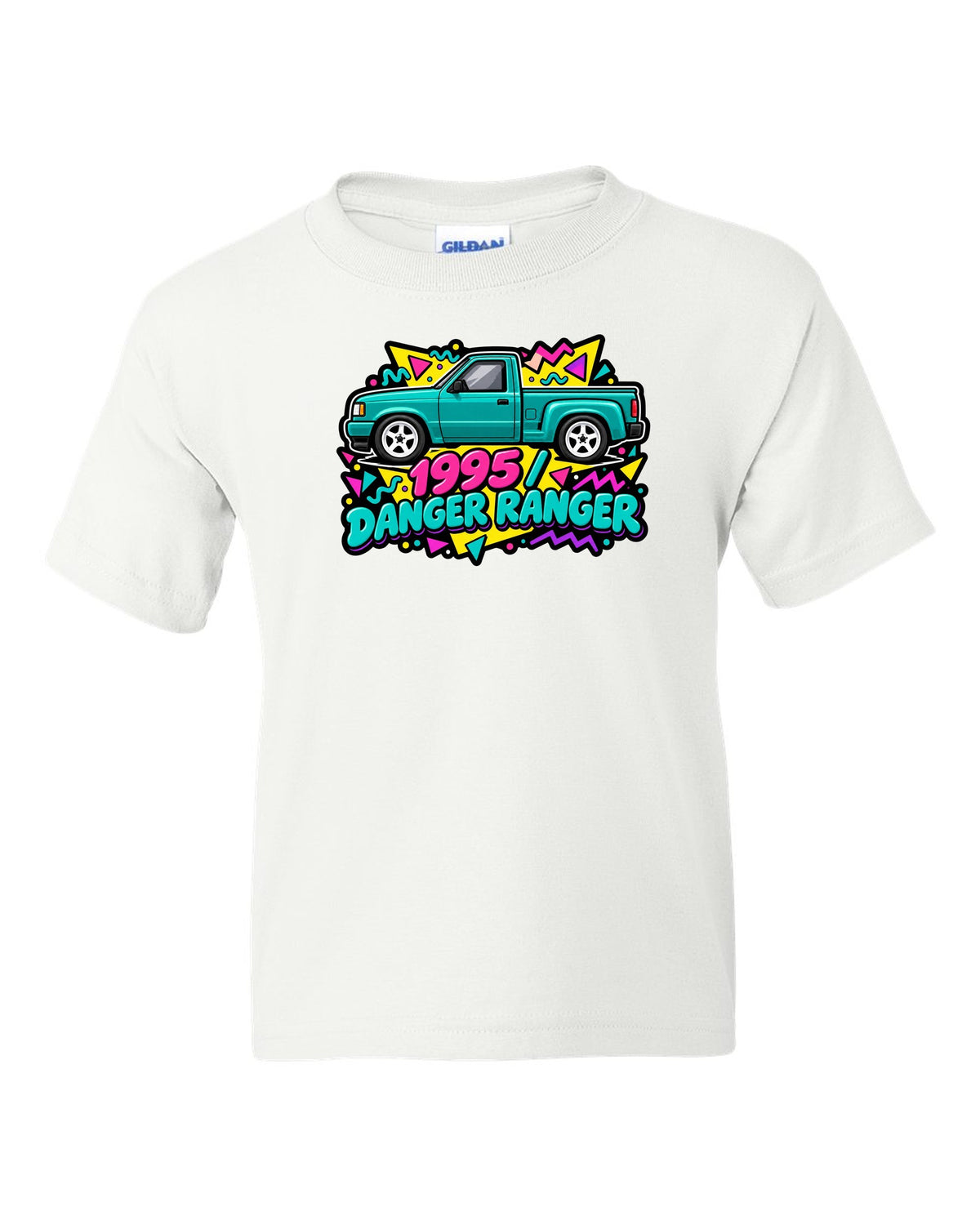Ford Ranger 1995 stepside in a 90s Memphis sticker pack print white kids tee front view with the design