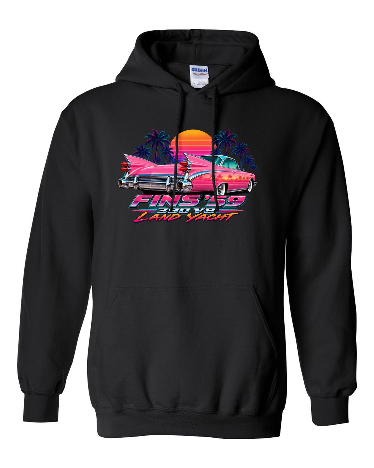 1959 Cadillac Series 62 Coupe de Ville rear fins against an airbrush retro sunset black pull over hoodie front view with the design