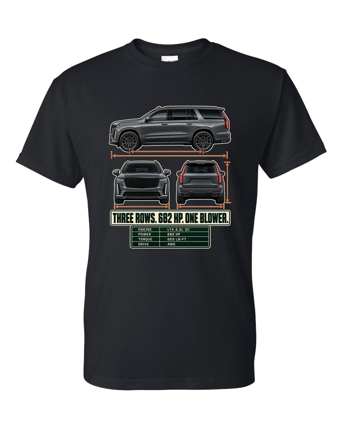 Three-view and spec table print of a 2023-25 Cadillac Escalade-V black t-shirt front view with the design