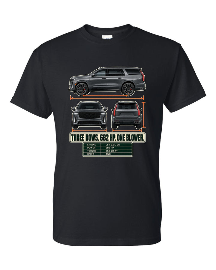 Three-view and spec table print of a 2023-25 Cadillac Escalade-V black t-shirt front view with the design