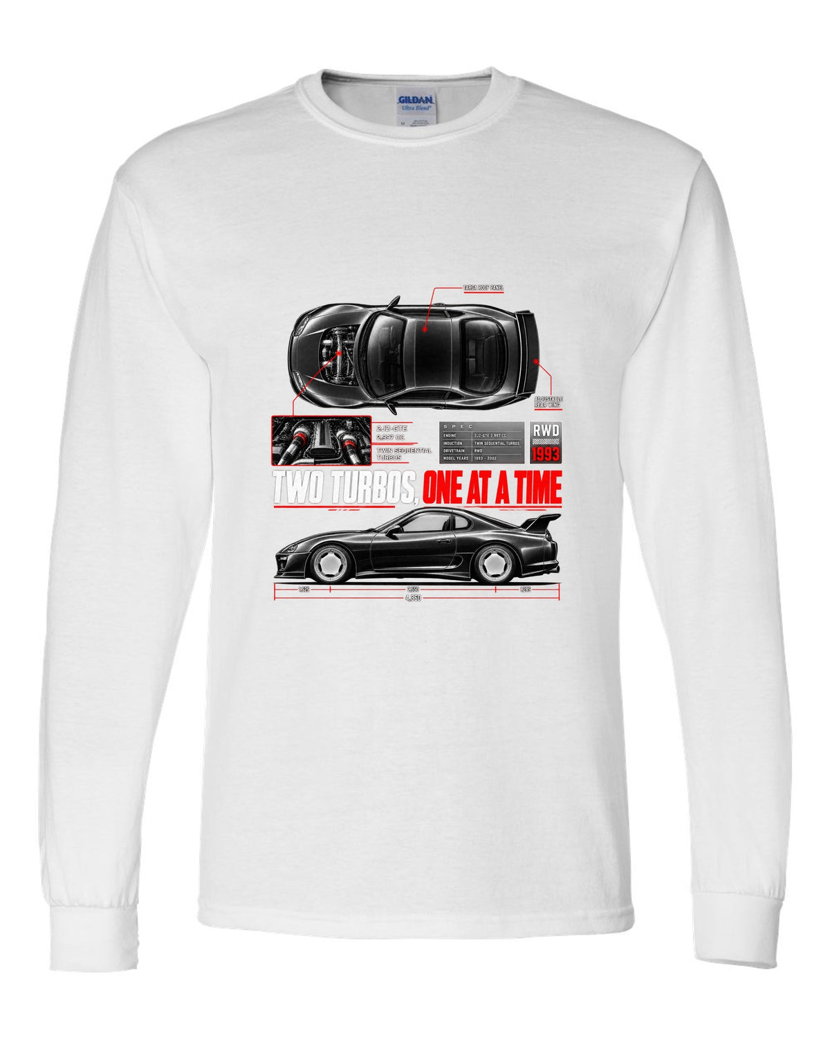 Spec poster print of a Toyota Supra A80 JZA80 with 2JZ-GTE lettering white long sleeve front view with the design