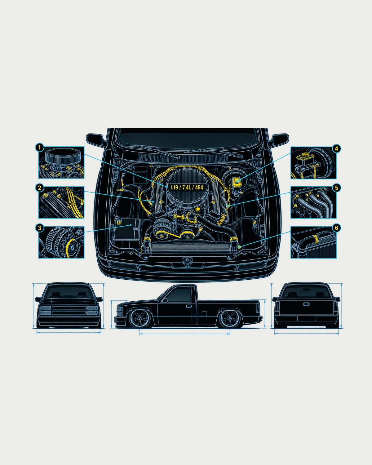 454 SS Pickup Engine Bay Blueprint Shirt, L19 7.4L design only