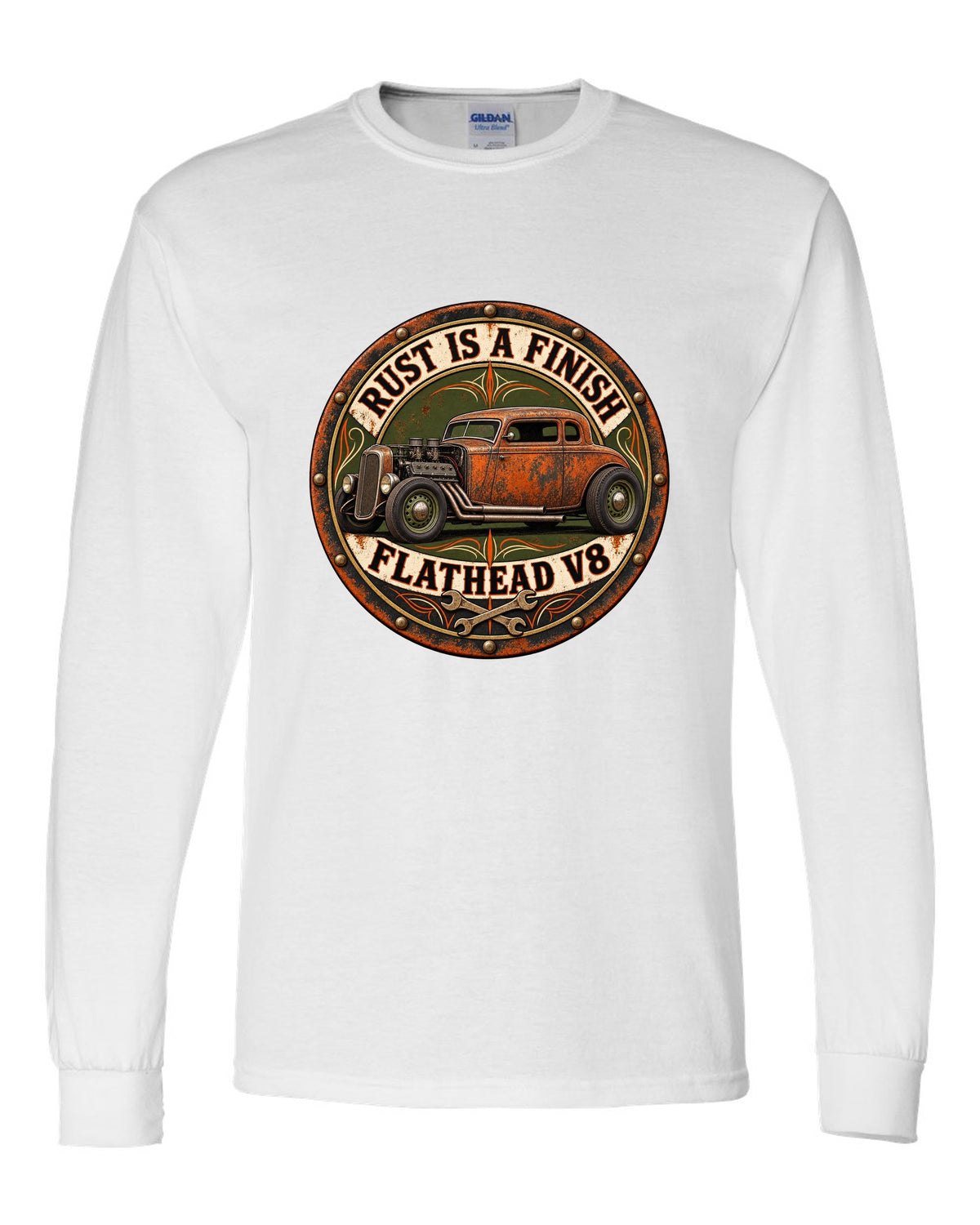 Round badge crest print for a rat rod hot rod with Rust Is A Finish and Flathead V8 lettering white long sleeve front view with the design