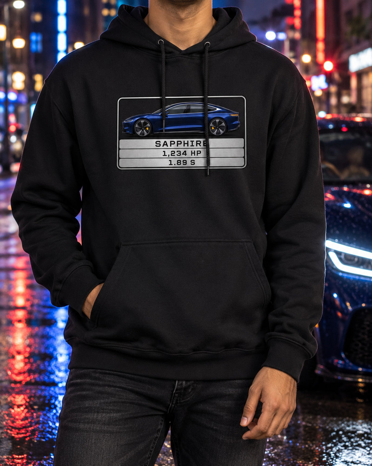 Lucid Air Sapphire Spec Plate Shirt, Monospace Data Print Pull Over Hoodie Black worn hero