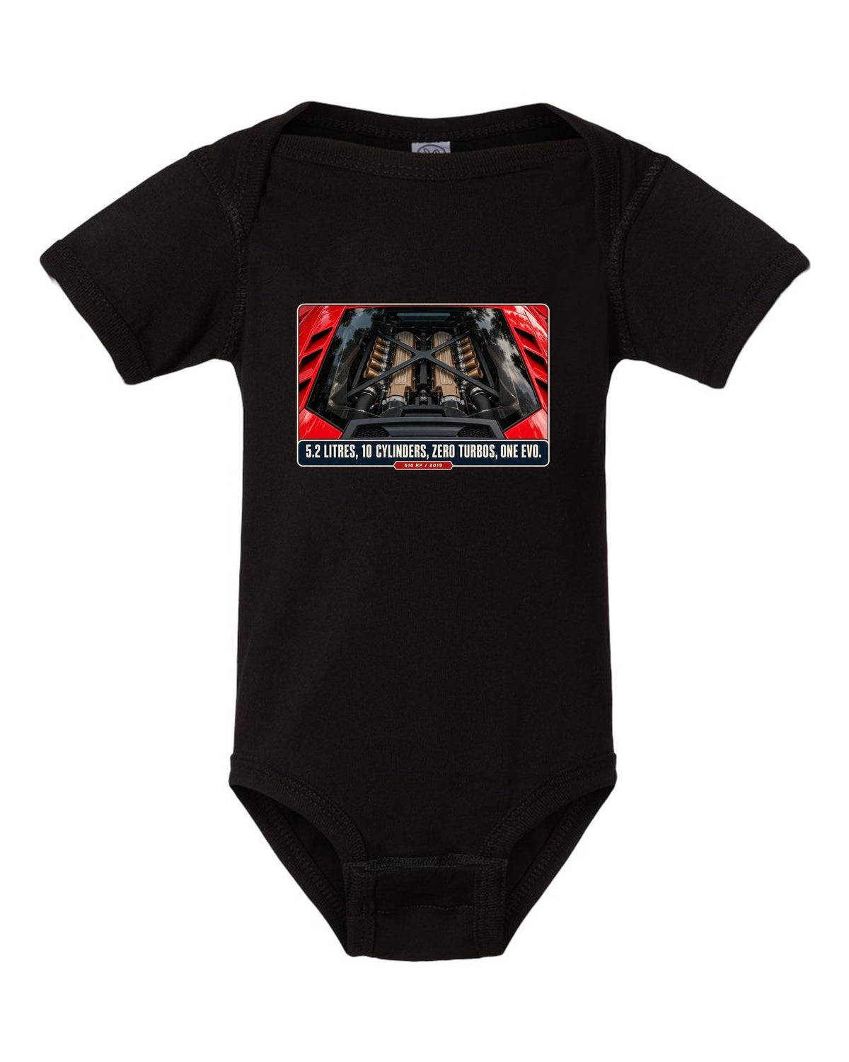 Engine hero print of the Lamborghini Huracan EVO V10 black baby onesie front view with the design