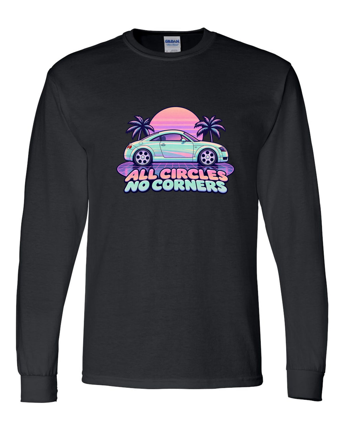 Pastel vaporwave print of an Audi TT Coupe 8N with all circles no corners text black long sleeve front view with the design