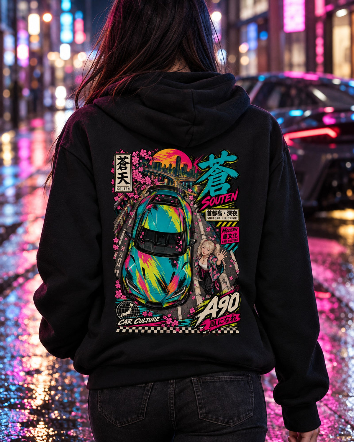 SOUTEN A90 Anime Girl Full-Back Graphic Tee Pull Over Hoodie Black worn hero